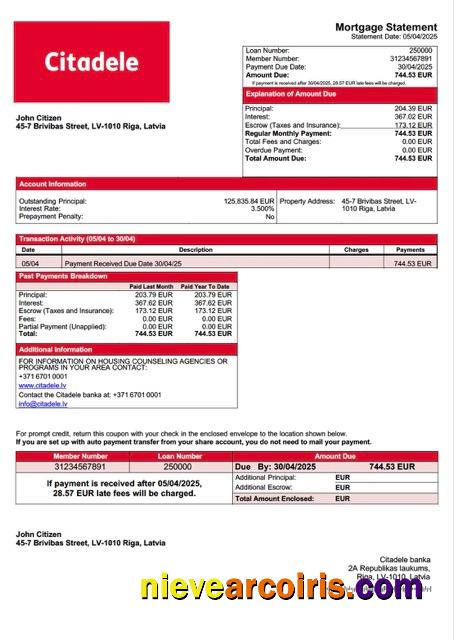 Latvia Citadele banka mortgage statement Word and PDF template